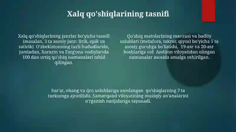 Xalq qõshiqlarining tasnifi va badiiy xususiyatlarini õrganish 4