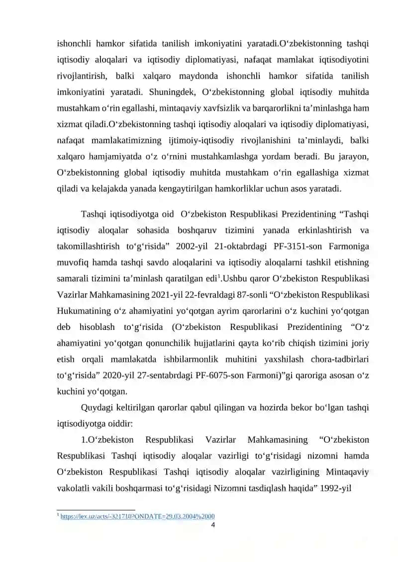 O‘zbekistonning tashqi iqtisodiy aloqalarining o‘rnatilishi va o‘ziga xos xususiyatlari 4