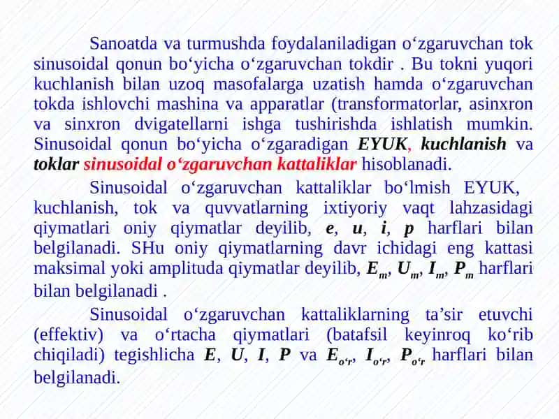 SINUSOIDAL O‘ZGARUVCHAN TOK.ELEKTR MIQDORLARNING TA’SIR ETUVCHI VA O‘RTACHA QIYMATILARI 4
