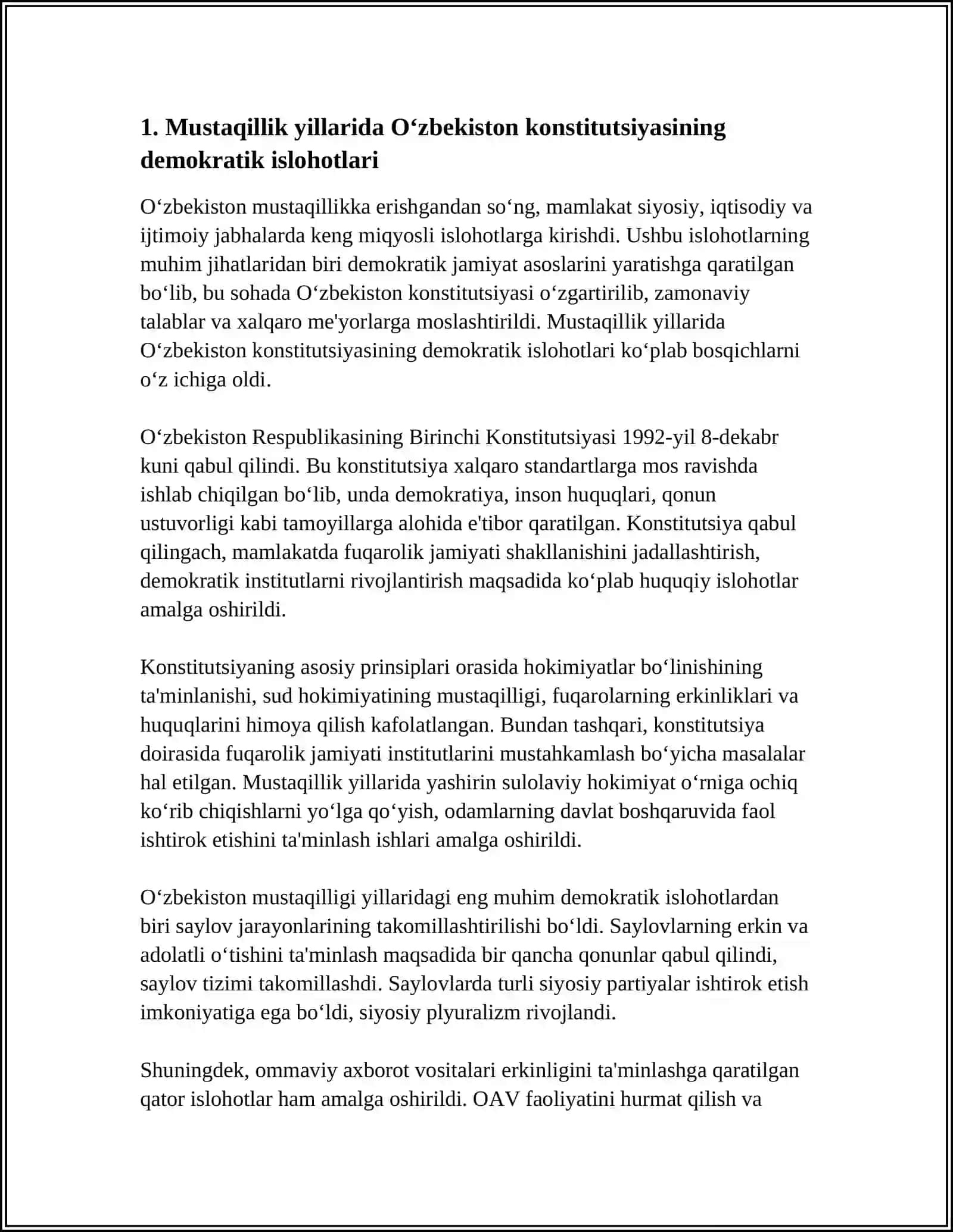 MUSTAQILLIK YILLARIDA O’BEKISTONDA FUQAROLIK DEMOKRATIK JAMIYAT ASOSLARINI TASHKIL ETILISHI VA OLIB BORILGAN SIYOSIY ISLOHOTLAR 4