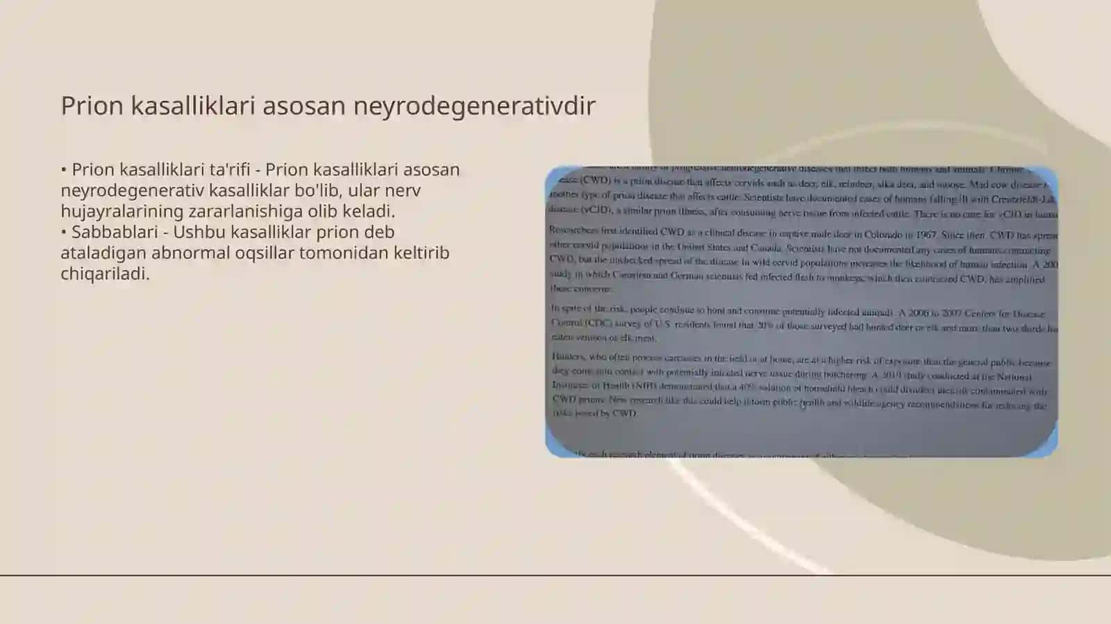 Prionlar haqida tushuncha, kelib chiqishi prion kasalliklari, amaliyotda ahamiyati. Oziq muhitlar, xromogen oziqli muhitlar, identifikasiyada qo’llanilishi 4