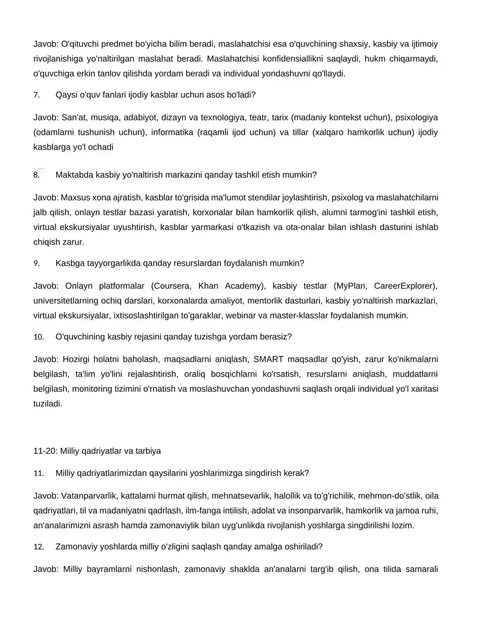 Maktab maslahatchisi lavozimi uchun imtihon savollari va javoblari YANGI TAHRIR 4