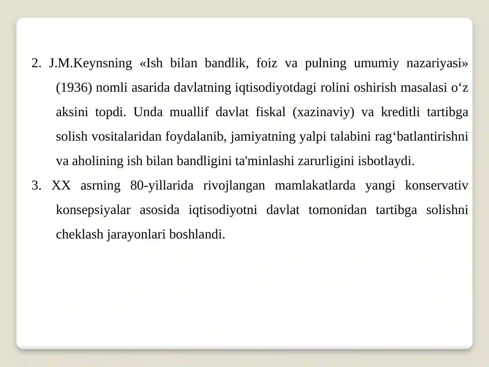 BOZOR IQTISODIYoTINI TARTIBGA SOLIShDA DAVLATNING IQTISODIY ROLI.AHOLI DAROMADLARI VA TURMUSh DARAJASI 4