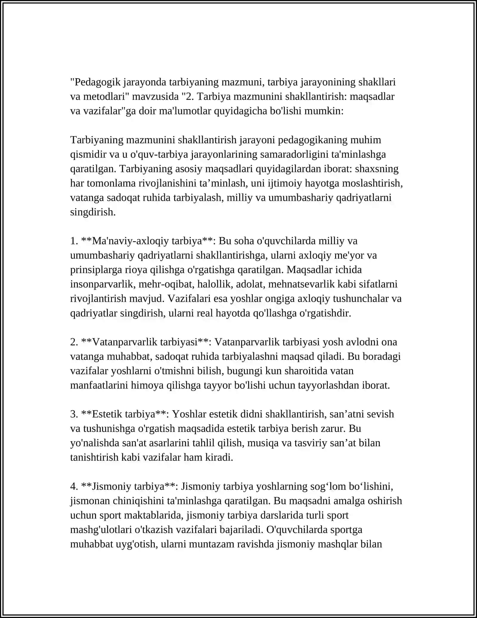 PEDOGOGIK JARAYONDA TARBIYANING MAZMUNI TARBIYA JARAYONINING SHAKLLARI VA METODLARI 4