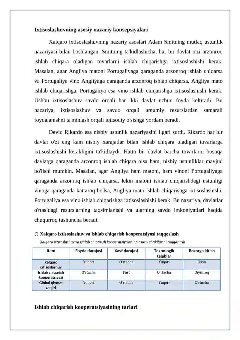 Xalqaro ixtisoslashuv va ishlab chiqarish kooperatsiyasining nazariy asoslari va shakllari 4