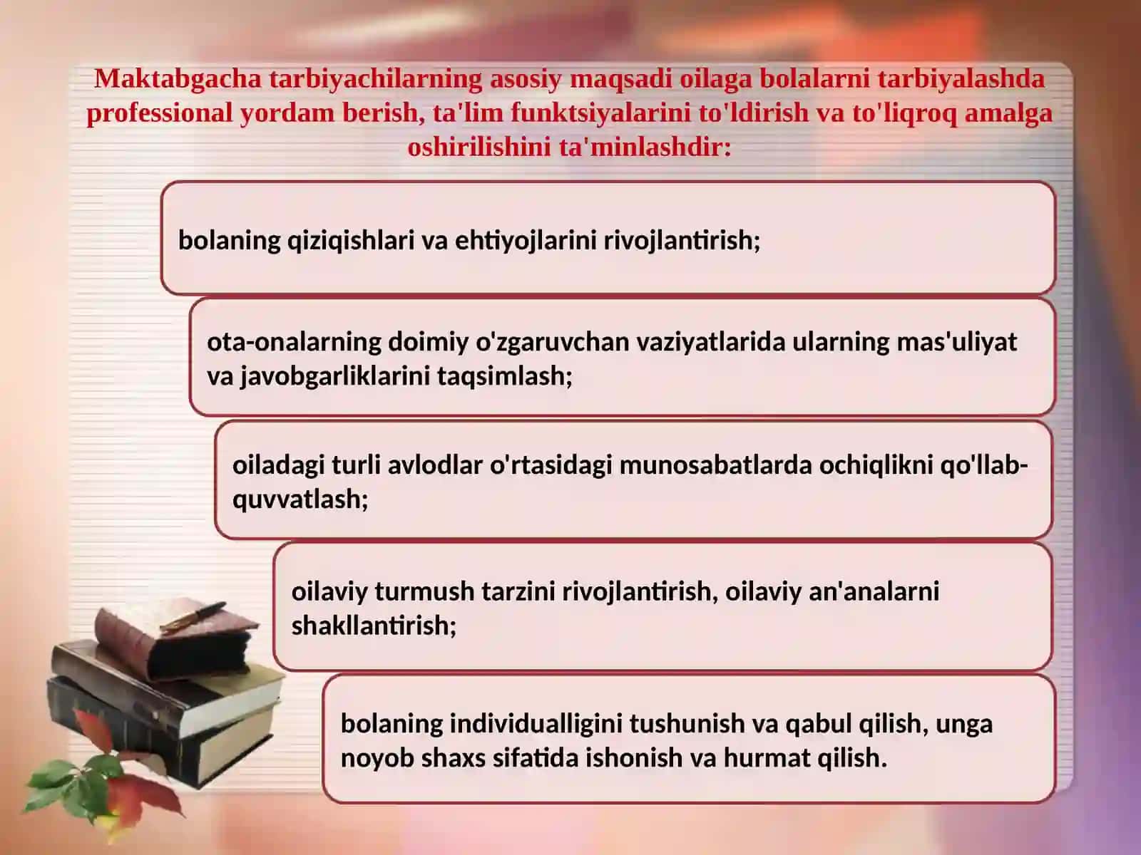 Ta'lim tashkilotining oila bilan o'zaro ta'sirining an'anaviy shakllari 4
