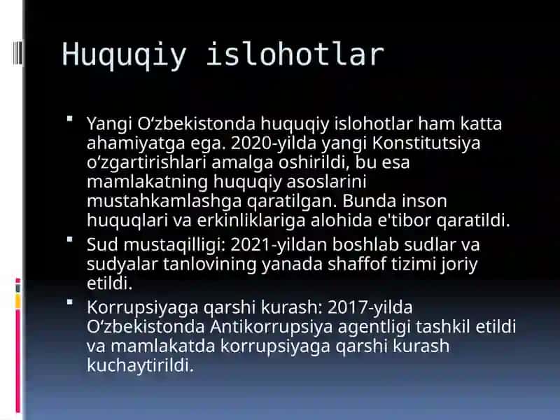 Yangi O’zbekistondagi demokratik o’zgarishlar,keng imkoniyatlar va amaliy ishlar 4