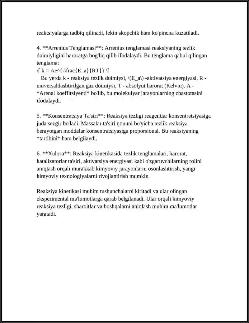 KIMYOVIY REAKSIYALAR KINETIKASI. KISLOTA ASOSIY KATALIZATORLAR 4