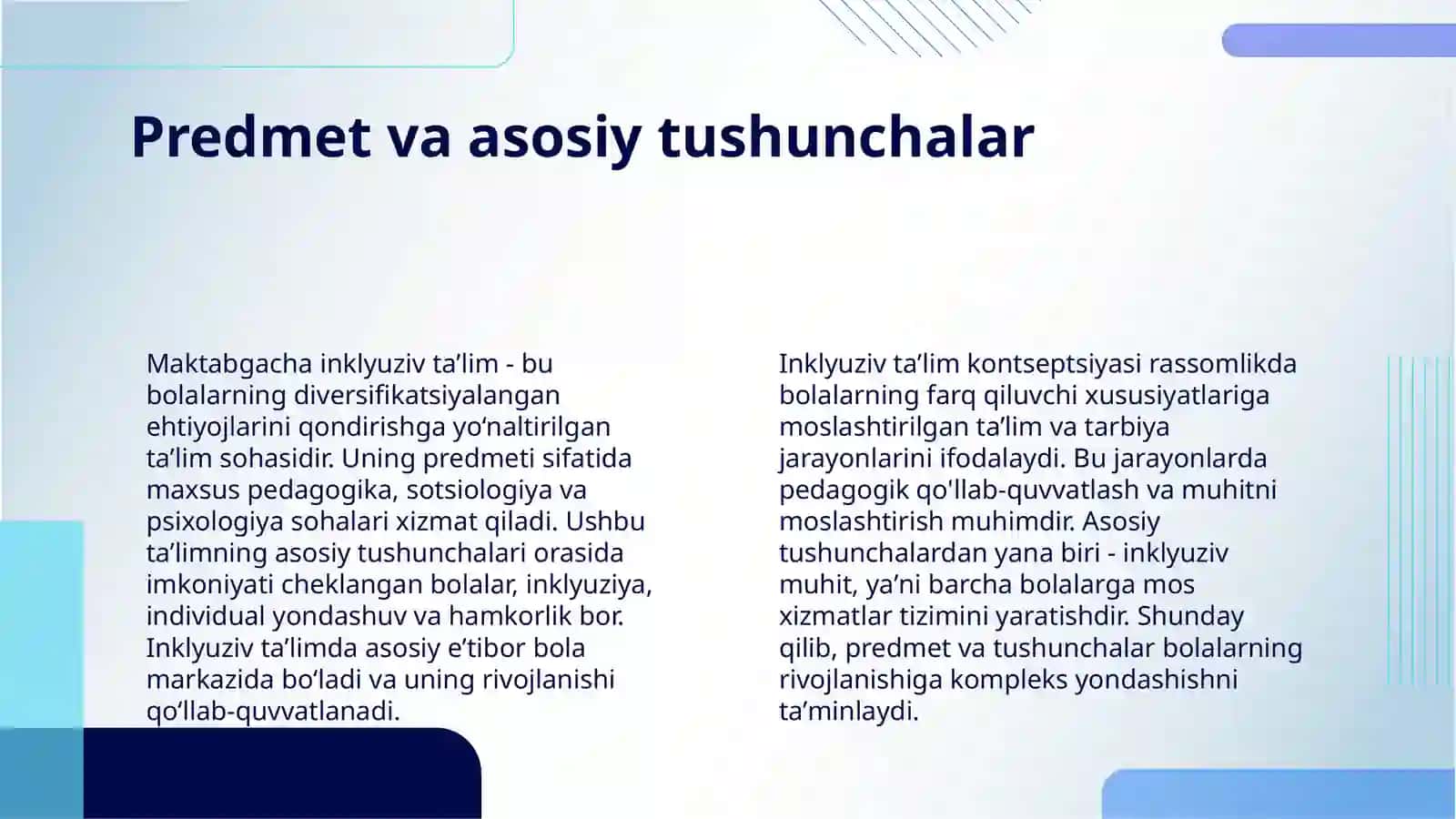 MAKTABGACHA INKLYUZIV TAʼLIMNING PREDMETI VA UNGA BOʻLGAN EHTIYOJLAR VA UNING SABABLARI BOSQICHLARI 4