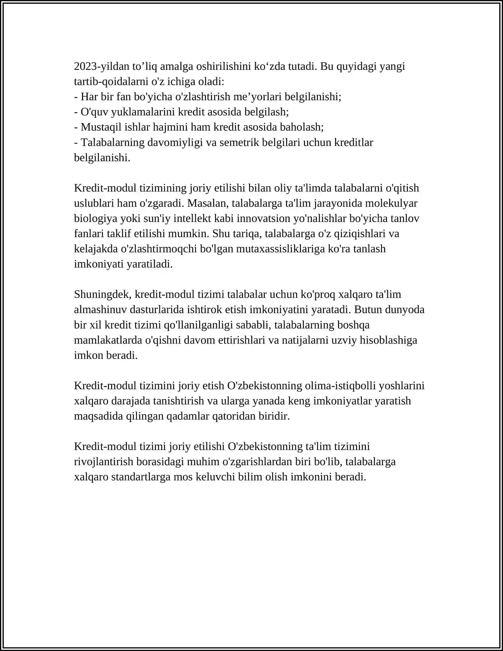 OLIY TAʼLIM TIZIMIDAGI OʻZGARISHLAR, ISLOXATLAR 4