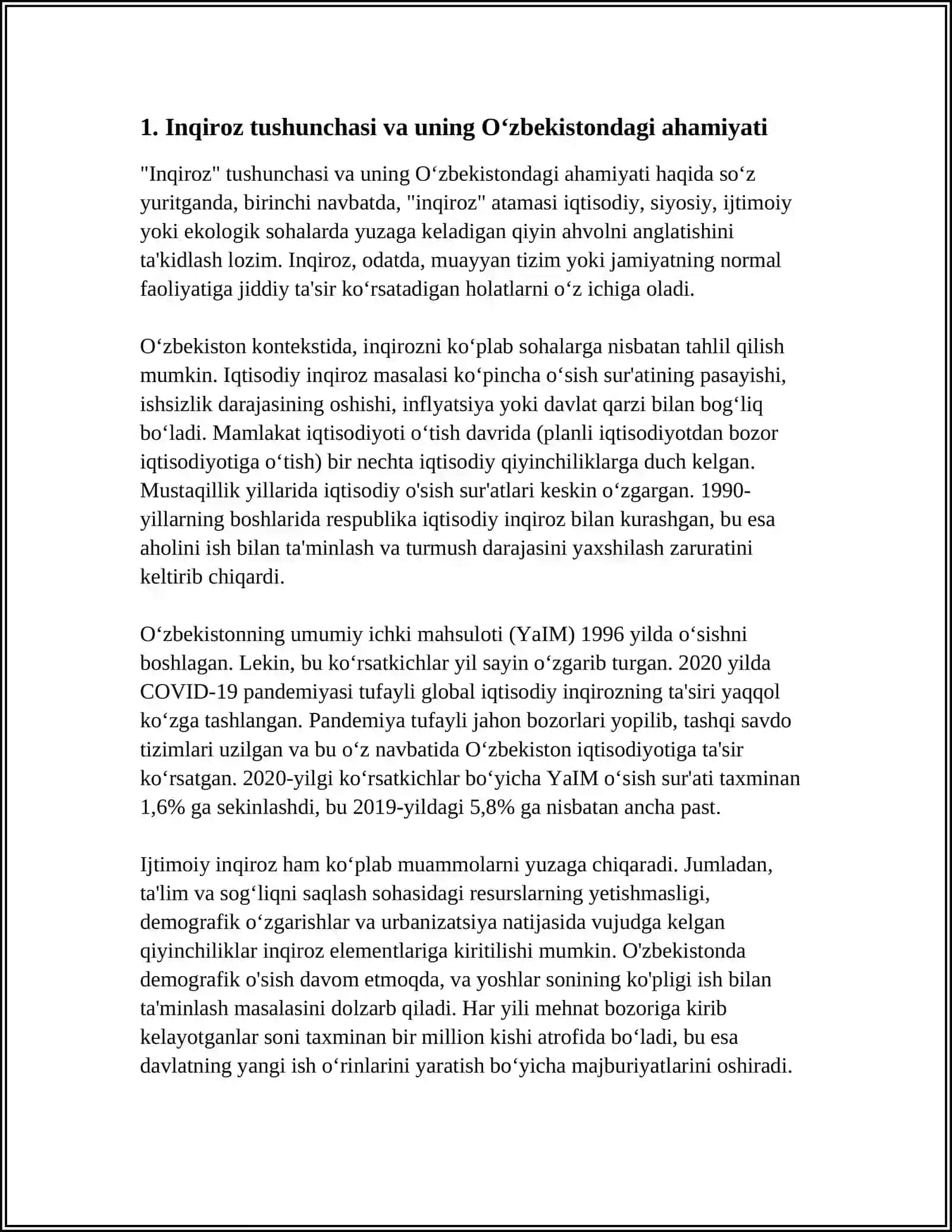OʻZBEKISTONDA INQIROZLI JARAYONLARNING NAMOYON BOʻLISHI XUSUSIYATLARI VA UNI BARTARAF ETISH YOʻLARI 4