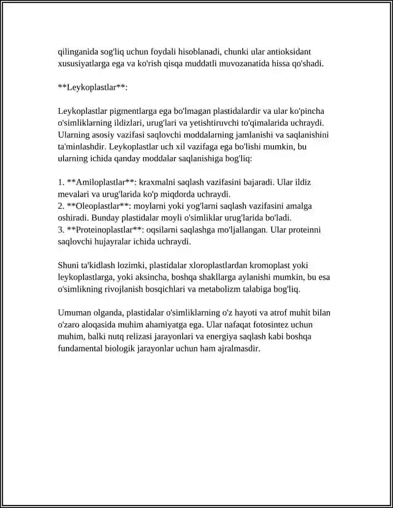 PLASTIDALARNING OSIMLIK ORGANIZMDAGI AHAMYATI 4