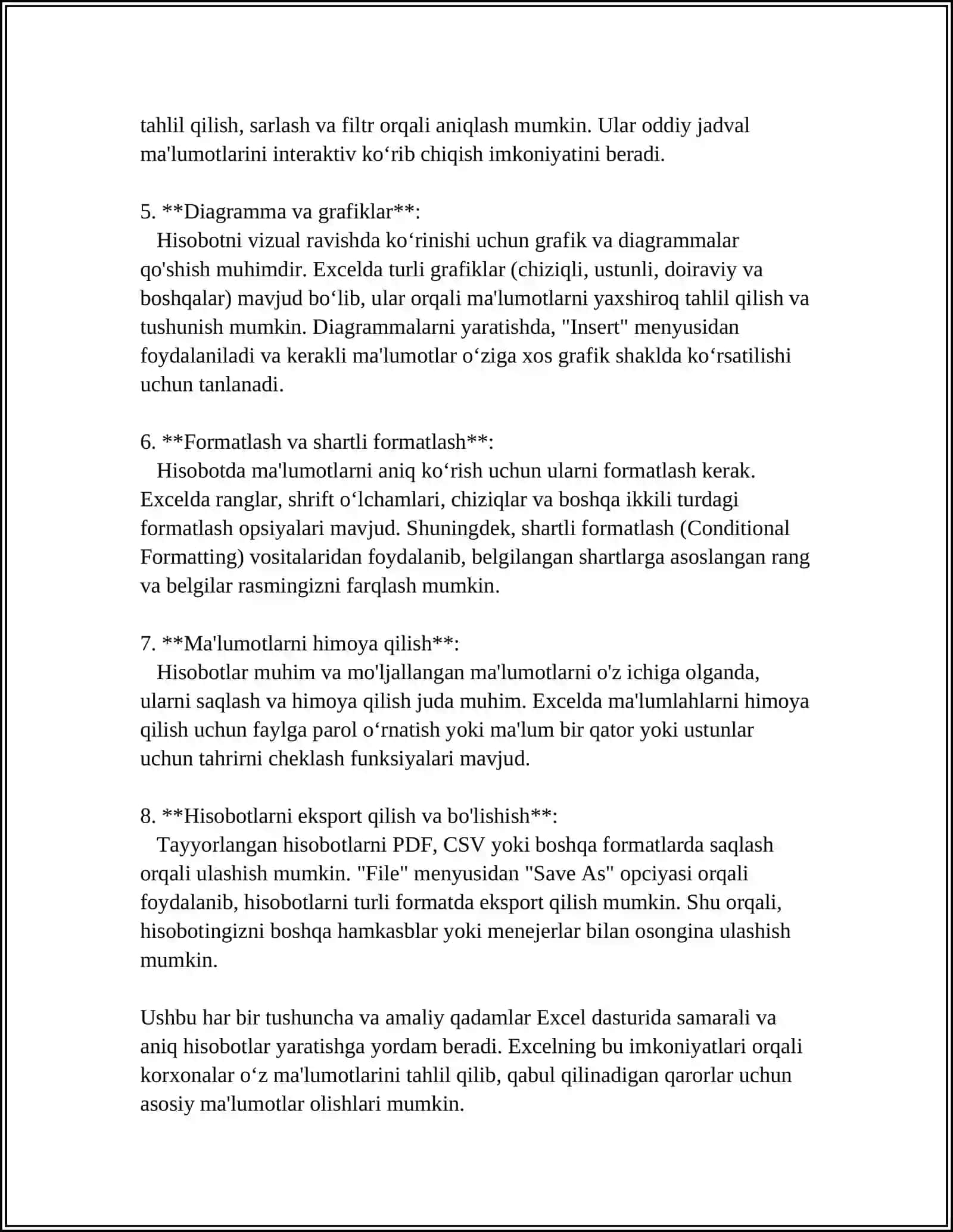 EXCEL DASTURIDA TURLI HISOBOTLAR TAYYORLASH 4
