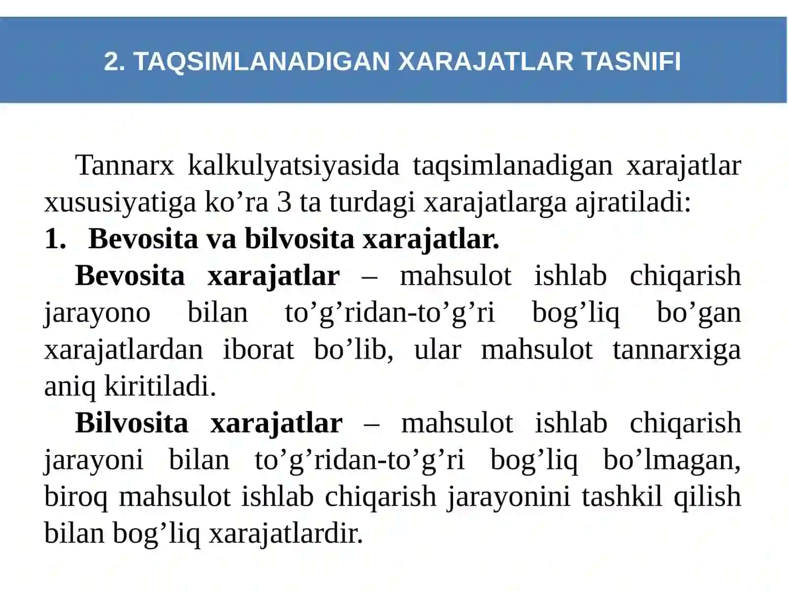 TANNARX KALKULYATSIYASIDA XARAJATLARNI TAQSIMLASH USULLARI 4