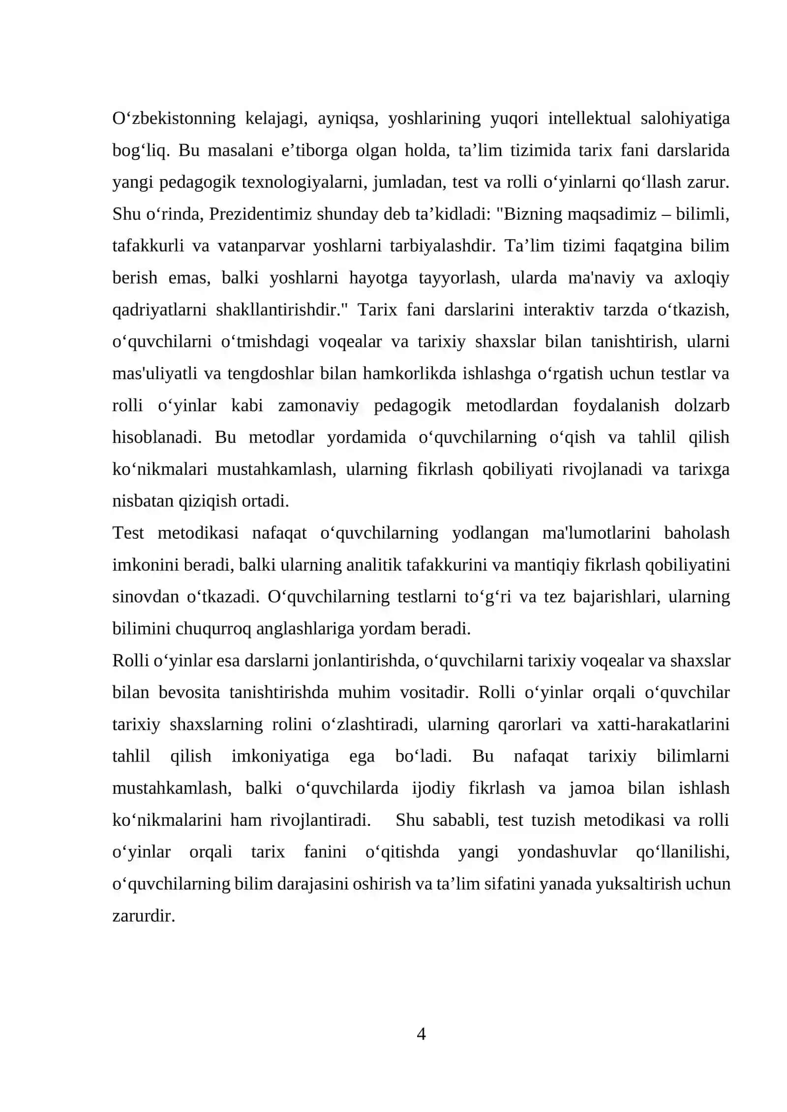Tarix fanidan test tuzish metodikasi, rolli o’yinlar yangi pedagogik texnologiyalardan foydalanish 4