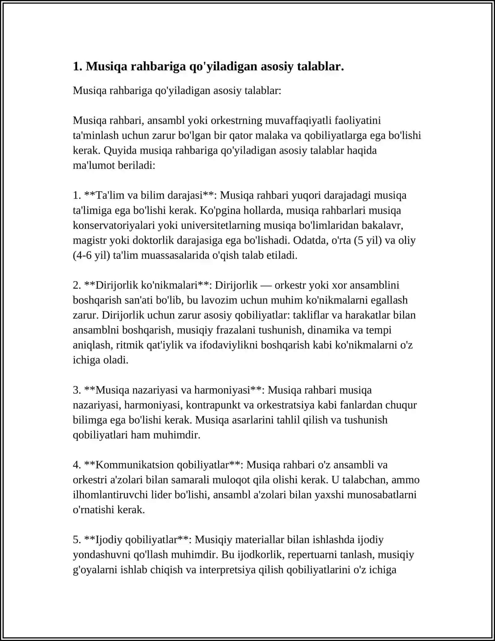 MUSIQA RAHBARIGA QO'YILADIGAN ASOSIY TALABLAR.MUSIQA O'QITISH METODLARI.MUSIQA BOLALARNING ESTETIK QIYOFASINI SHAKILLANTIRUVCHI VOSITA SIFATIDA MUSIQANING INSONNING MASANIY, RUHIY RIVOJLANISHIDA MUHIM AHAMIYATI VA TA'SIRLARI BILAN TANISHISH 4