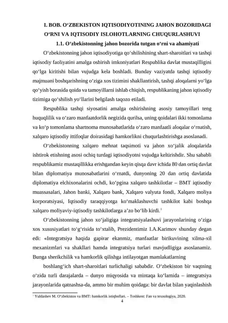 Oʻzbekiston iqtisodiyotining jahon bozoridagi oʻrni va iqtisodiy islohotlarning chuqurlashuvi 4