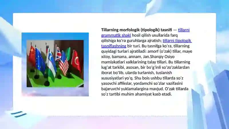 Dunyo tillarining morfologik tasnifi. Oʻzbek tilida tashqi va ichki fleksiyaning yuzaga chiqishi 4