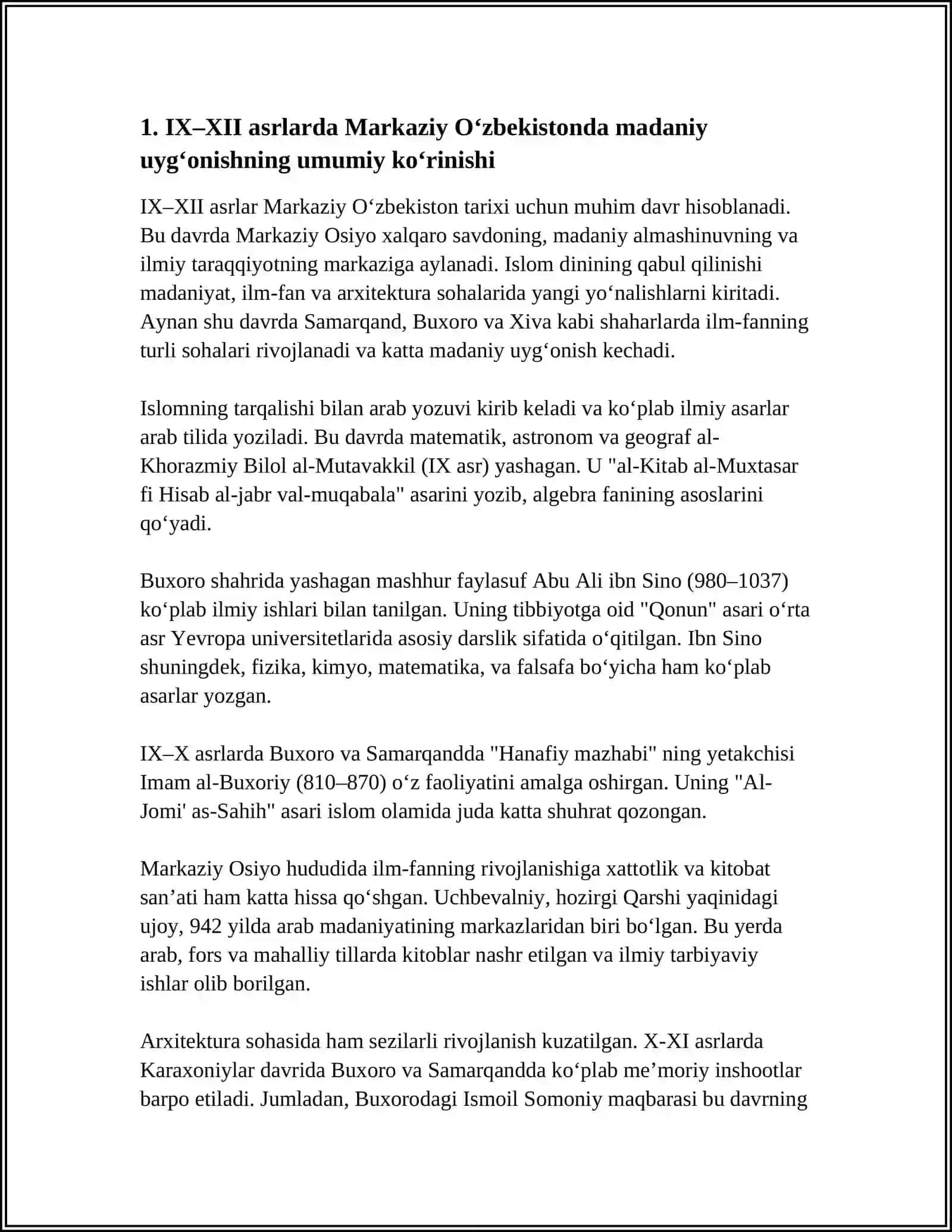 IX-XII ASRLARDA MAMLAKATIMIZ HUDUDIDA RO‘Y BERGAN MADANIY UYG‘ONISH (RENESSANS). BUYUK ALLOMALARNING JAHON SIVILIZATSIYASIGA QO‘SHGAN HISSASI 4
