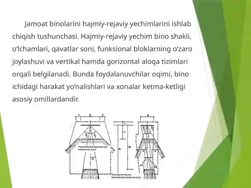 Jamoat binolarini loyihalash asoslari va ularga qo'yiladigan maxsus talablar. Jamoat binolarini hajmiy tarxiy loyixalash, asosiy, yordamchi, xizmat ko'rsatuvchi va kommunikatsion xonalar. 4