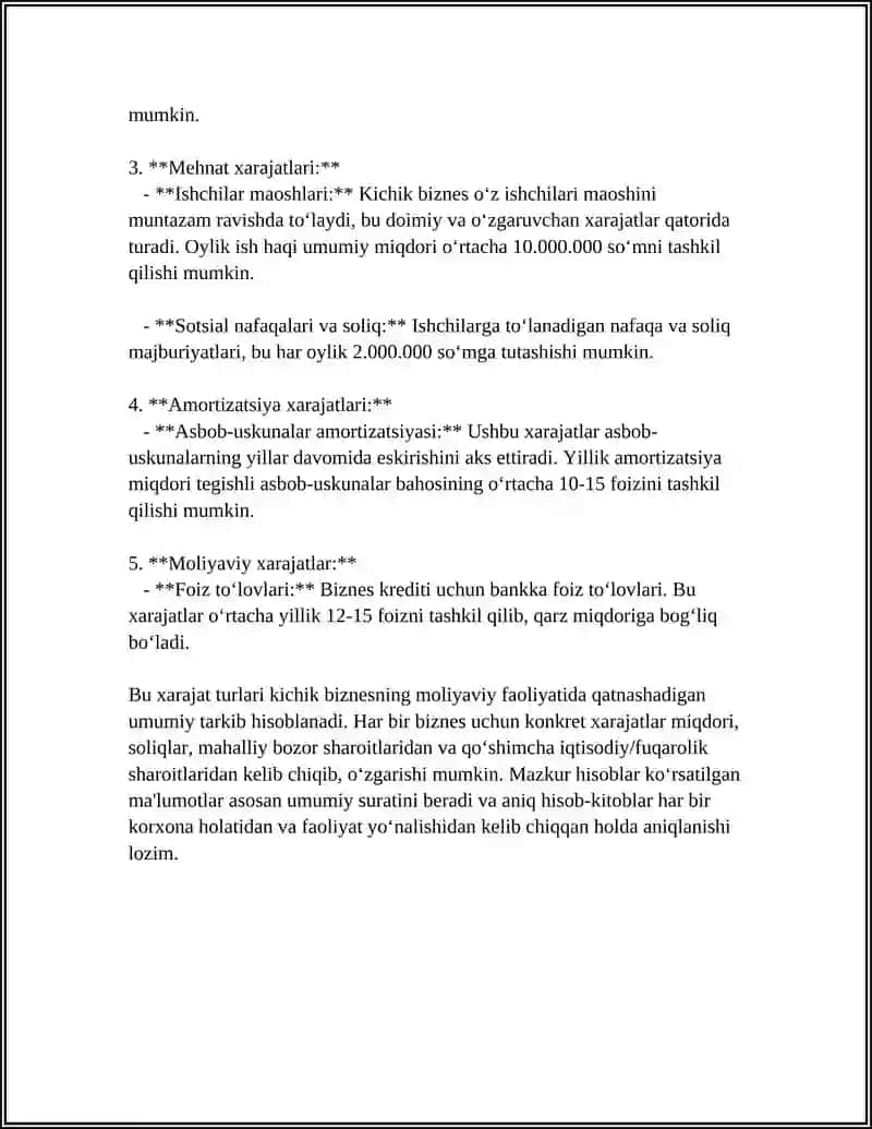 Kichik biznesda xarajatlar tuzilmasi va turlari 4
