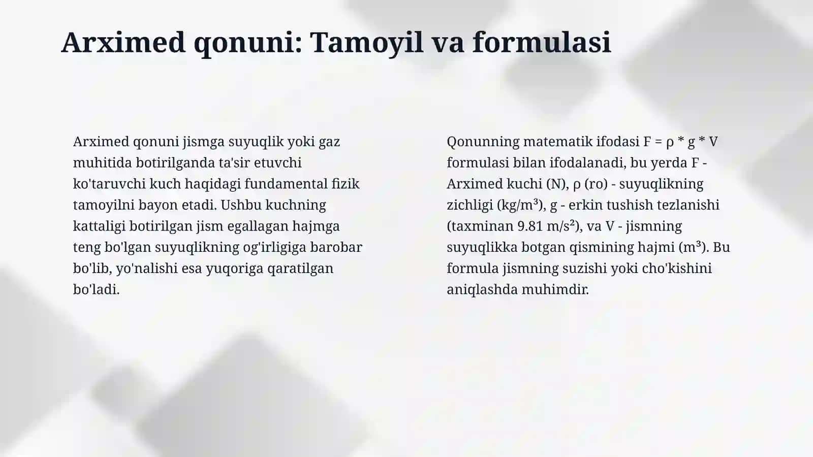 Arximed qonuni . Jisimning suzuvchanligi 4