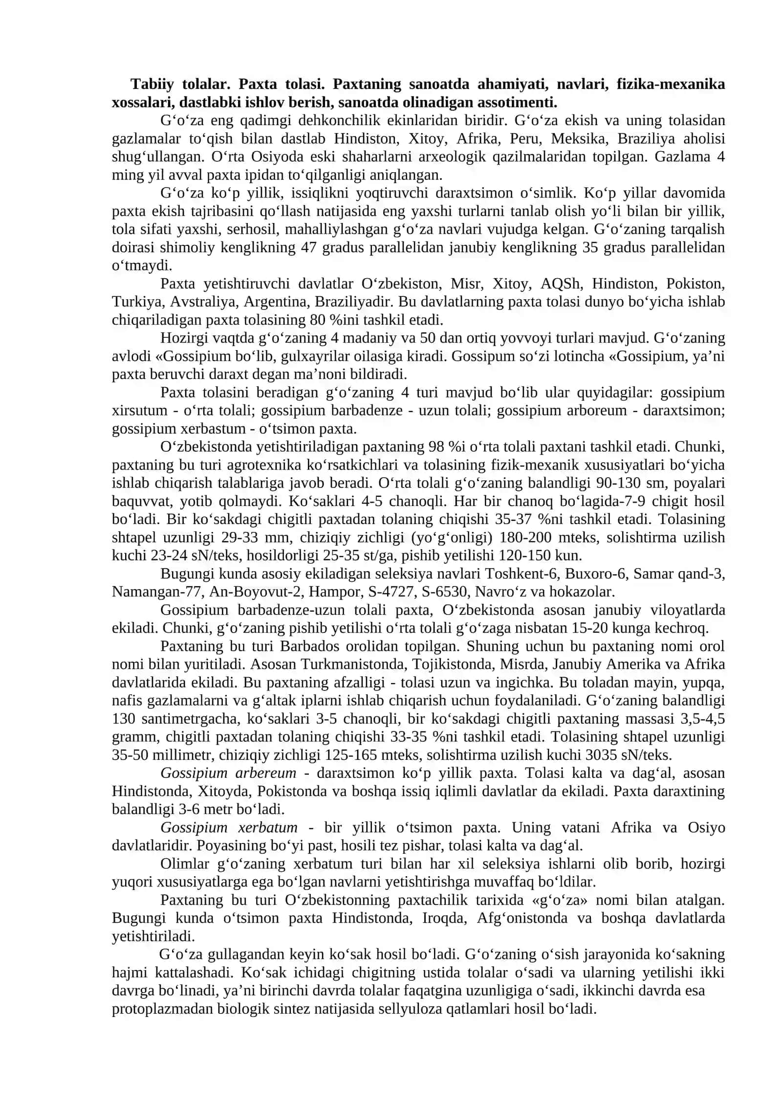 Tikuvchilik materialshunosligi to‘g‘risida umumiy ma’lumotlar. Tabiiy va kimyoviy tolalarni olinishi va ishlatilishi 4