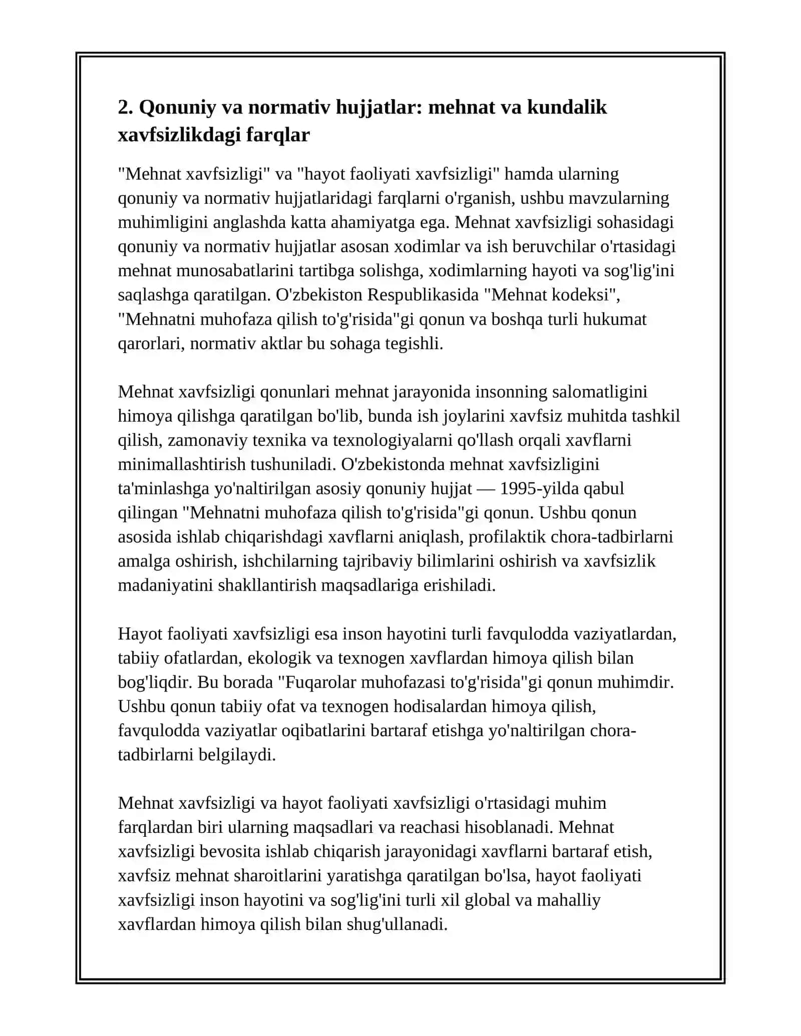 MEHNAT XAVFSIZLIGI VA HAYOT FAOLIYATI XAVFSIZLIGINING OʻZARO FARQLARI 4