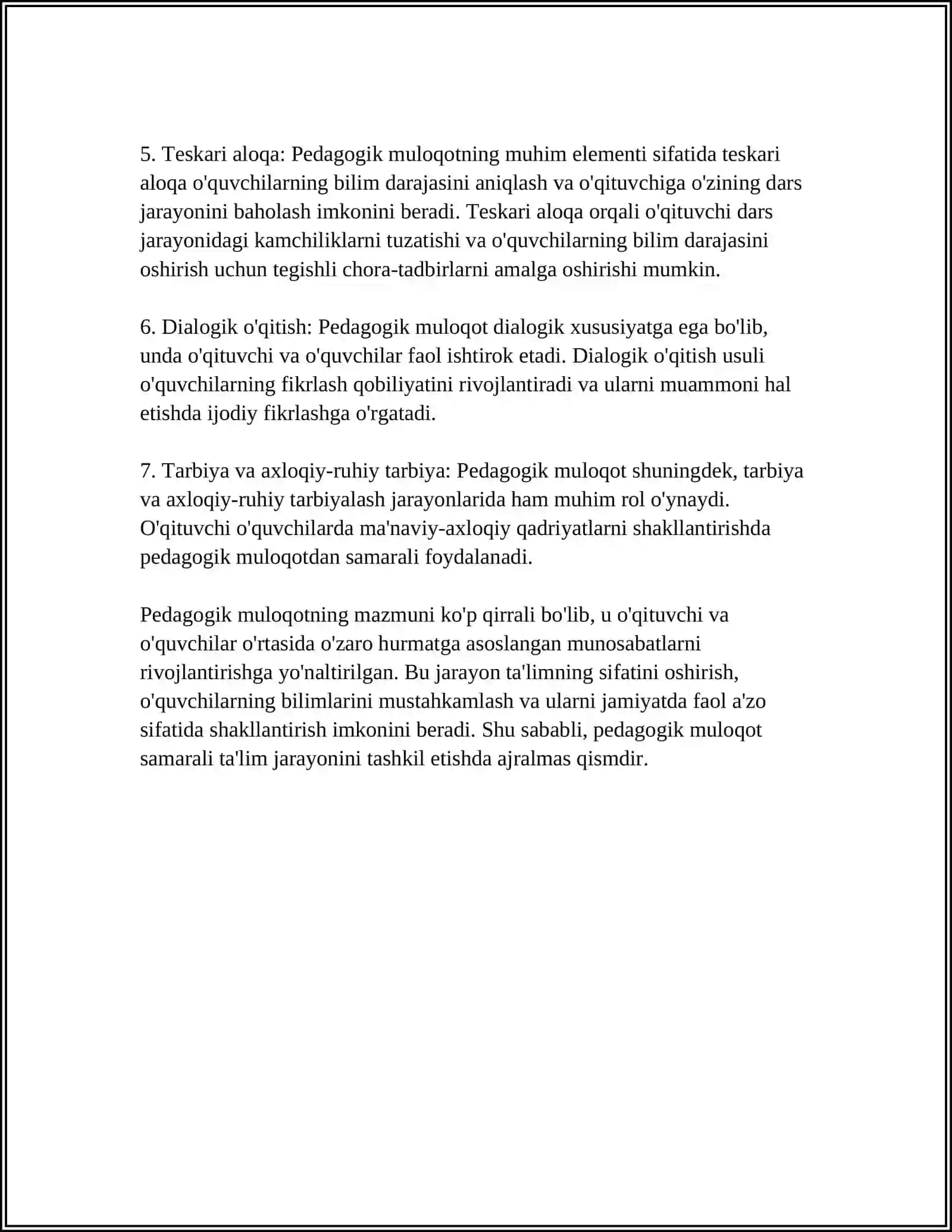 PEDAGOGIK MULOQOT OʻQITUVCHINING IJODIY FAOLIYATINI VA TASHABBUSKORLIGINI NAMOYISH ETUVCHI XUSUSIYAT 4