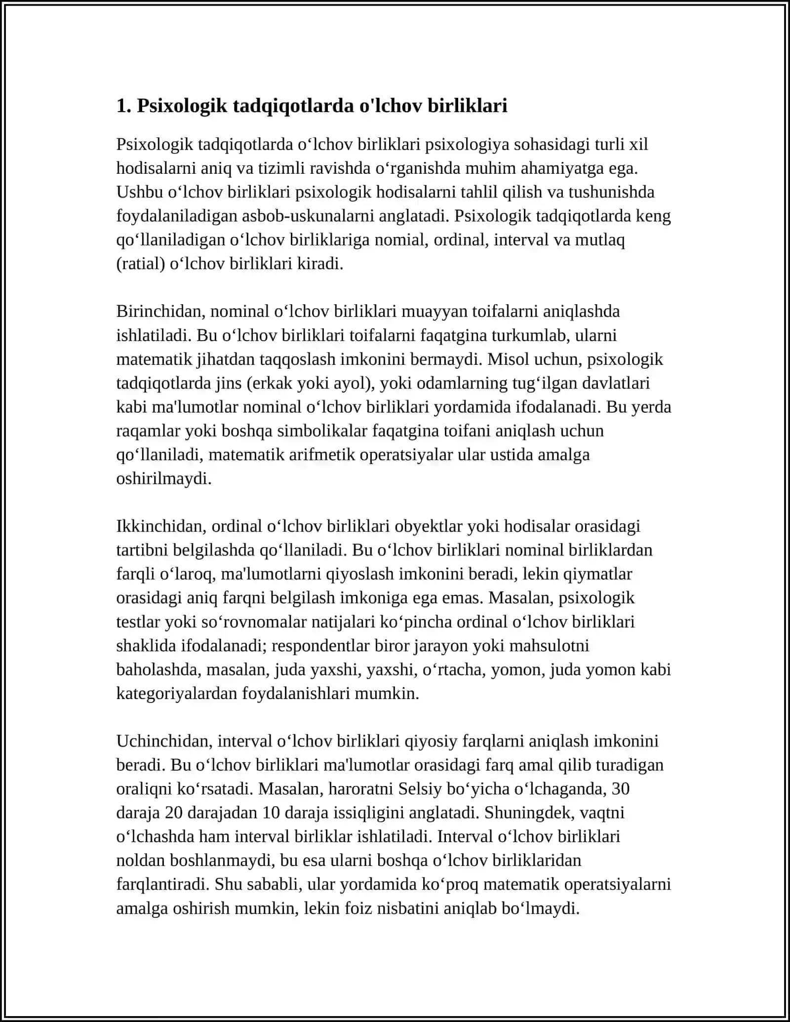 PSIXOLOGIK TADQIQOTLARDA SIFAT VA MIQDOR BIRLIGI. PSIXOLOGIYADA O’LCHOV 4