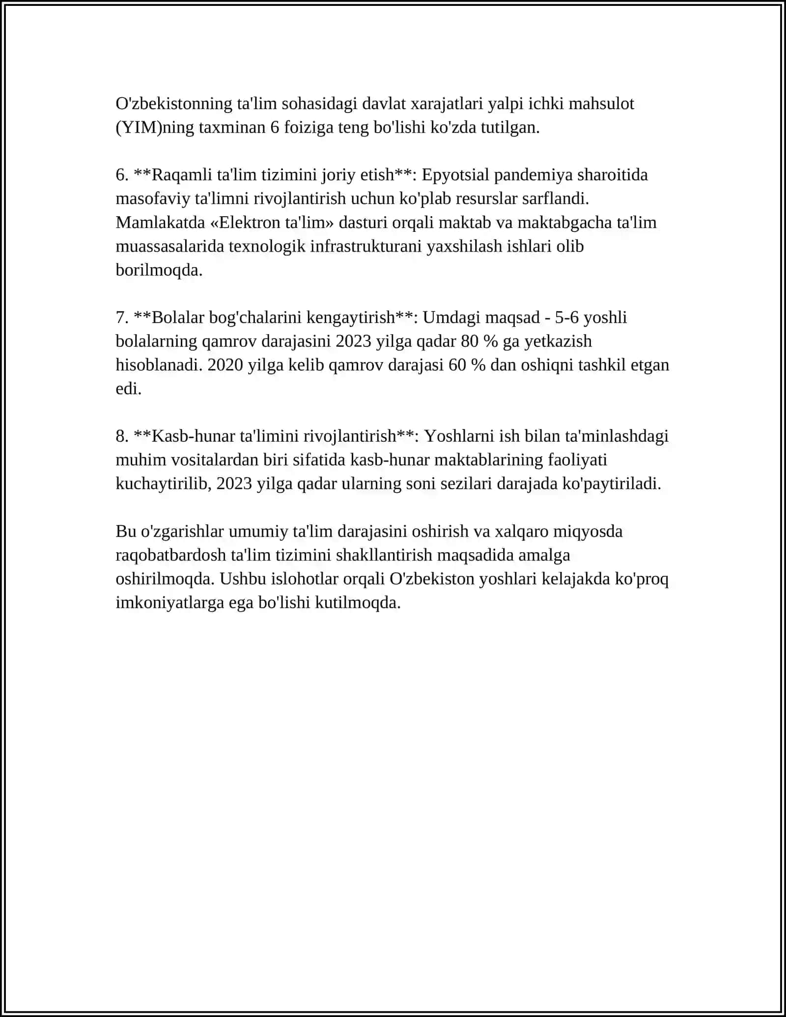 O'ZBEKISTONDA IJTIMOIY SOHADA AMALGA OSHIRILAYOTGAN O'ZGARISHLAR MAZMUN VA MOHIYATI 4