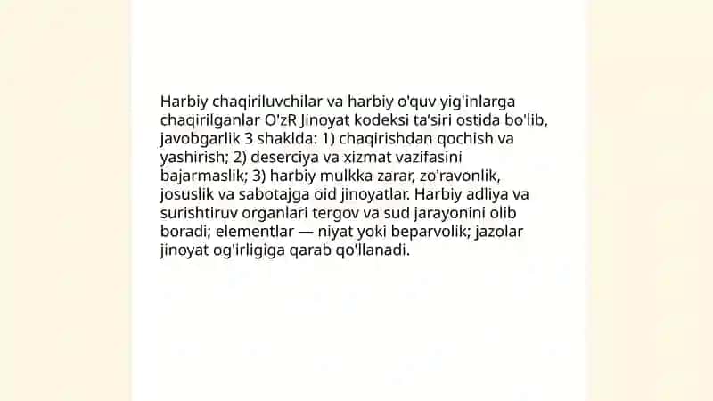 Qonun buzuvchilarga qarshi kurashishni tashkil qilish harbiy xizmatchilar va harbiy o'quv yig'inlar ga chaqirilganlarning jinoiy javobgarligi harbiy adliya va surishtiruv organlari jinoiy sud jarayoni O'zbekiston Respublikasi jinoyat kodeksi 4