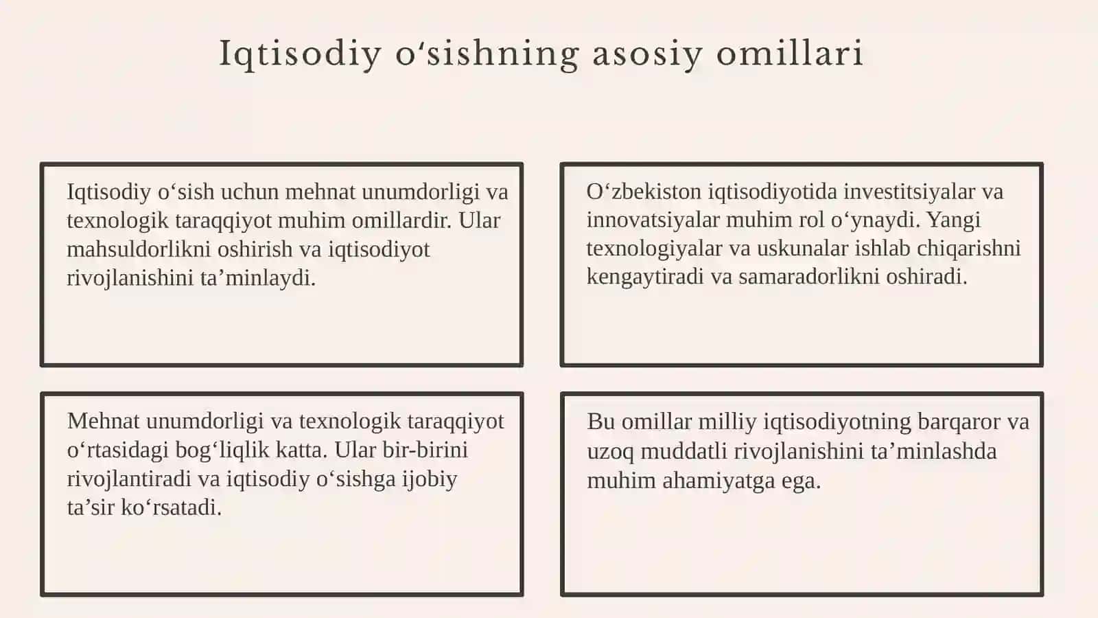Mehnat unumdorligi va texnologik taraqqiyotning iqtisodiy o‘sishdagi rolini statistik ma’lumotlar asosida baholash 4