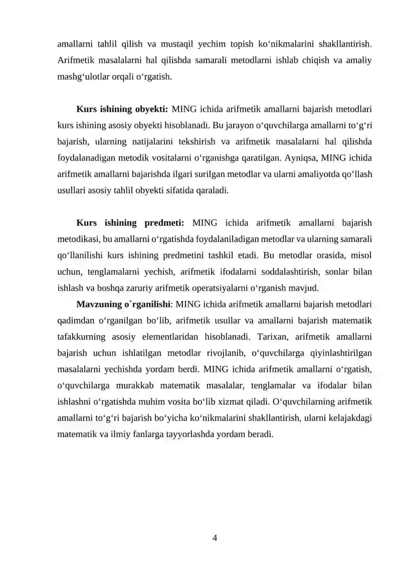 “MING ICHIDA ARIFMETIK AMALLAR BAJARISH METODLARDAN FOYDALANISH” KURS ISHI 4