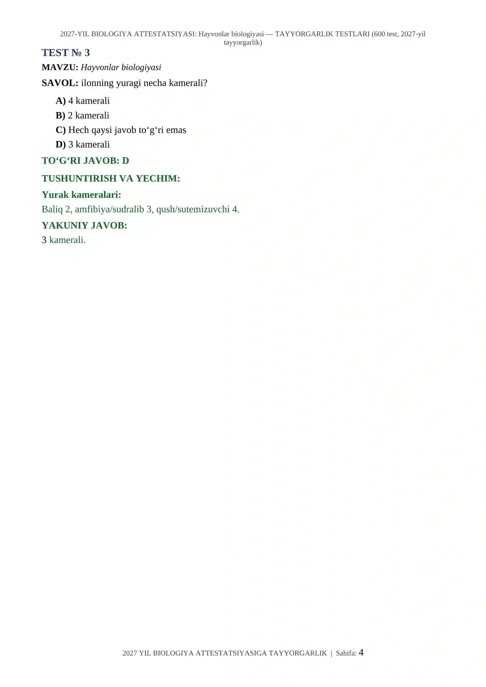 2027-YIL BIOLOGIYA ATTESTATSIYASI: Hayvonlar biologiyasi — TAYYORGARLIK TESTLARI (600 test, 2027-yil tayyorgarlik) 4