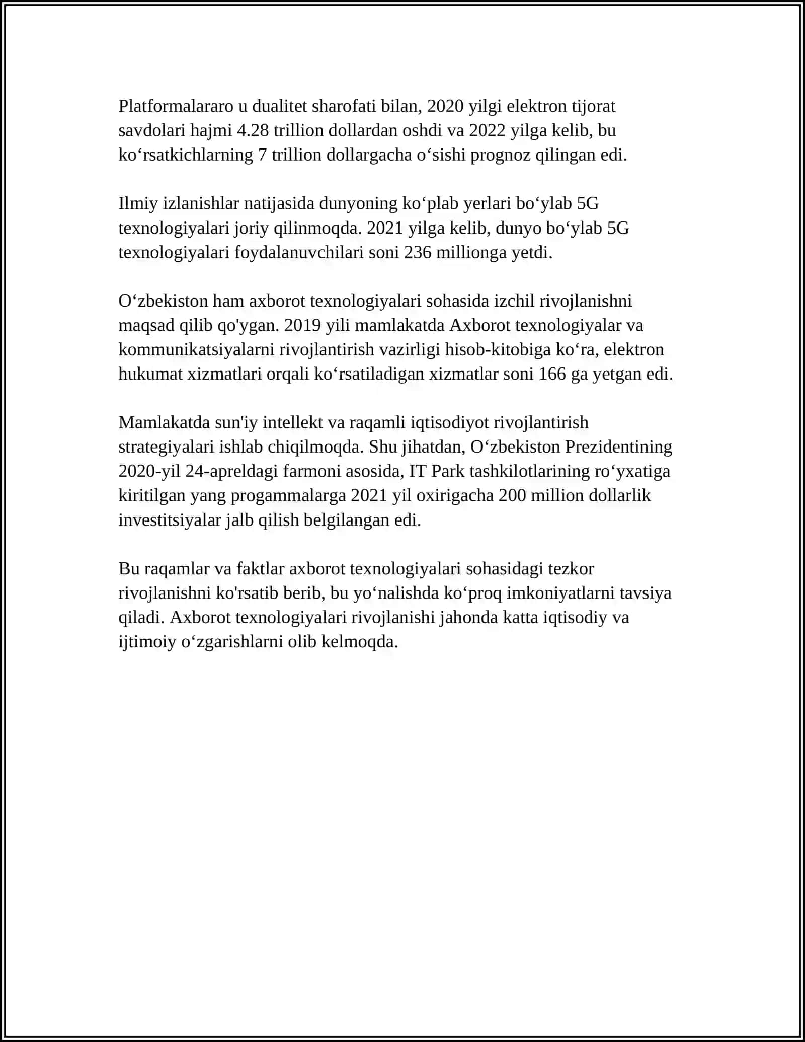 AXBOROT TIZIM VA TEXNOLOGIYALARI MAVZUSIDA 15 LIST 4