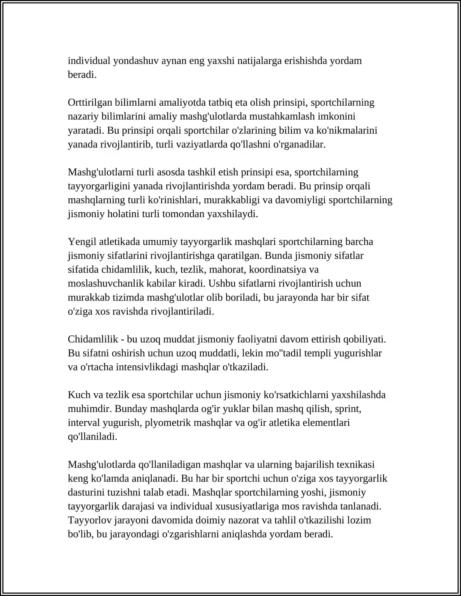YENGIL ATLETIKADA UMUMIY TAYYORGARLIK MASHQLARI BO'YICHA MAHORATINI OSHIRISH 4