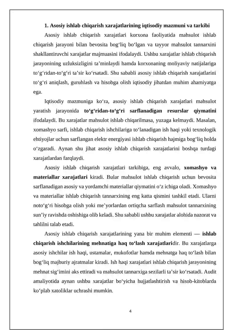Asosiy ishlab chiqarish xarajatlari auditining maqsadi, vazifalari va axborot manbalari 4