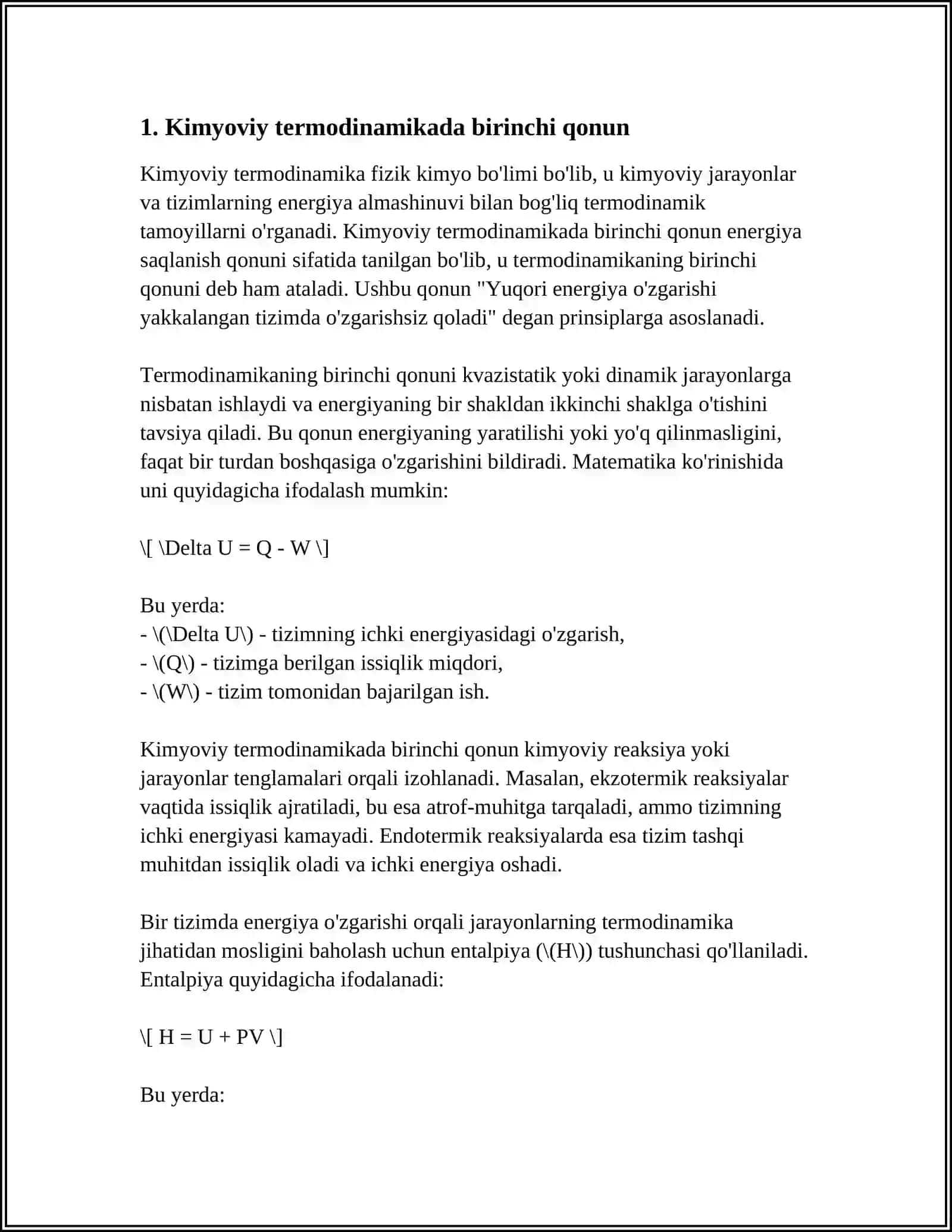 KIMYOVIY TERMODINAMIKANING BIRINCHI QONUNI VA TUNING ANALITIK IFODASI. ICHKI ENERGIYA. ISSIQLIK VA ISH ENERGIYASINI UZATISH SHAKLLARI EKANLIGINI. ISHNING HILLARI. EKSTENSIVLIK VA INTENSIVLIK FAKTORLARI 4