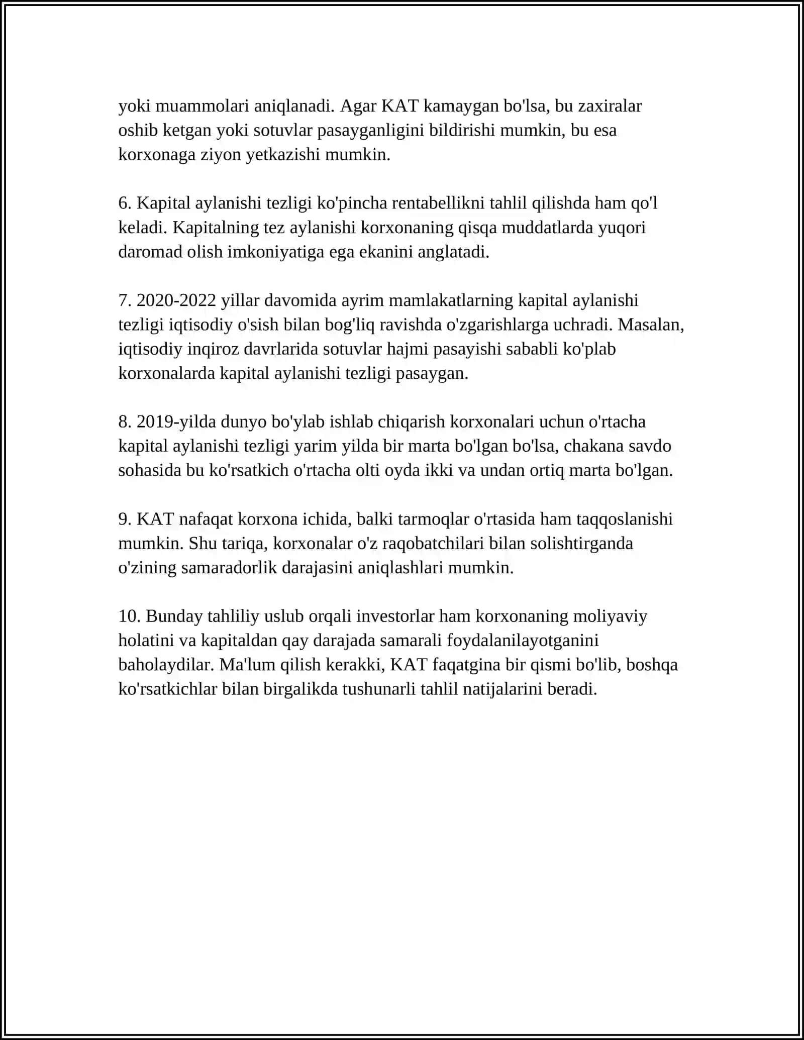TADBIRKORLIK KAPITALINING AYLANISHI VA SAMARADORLIK MUAMMOLARI REFERAT 4