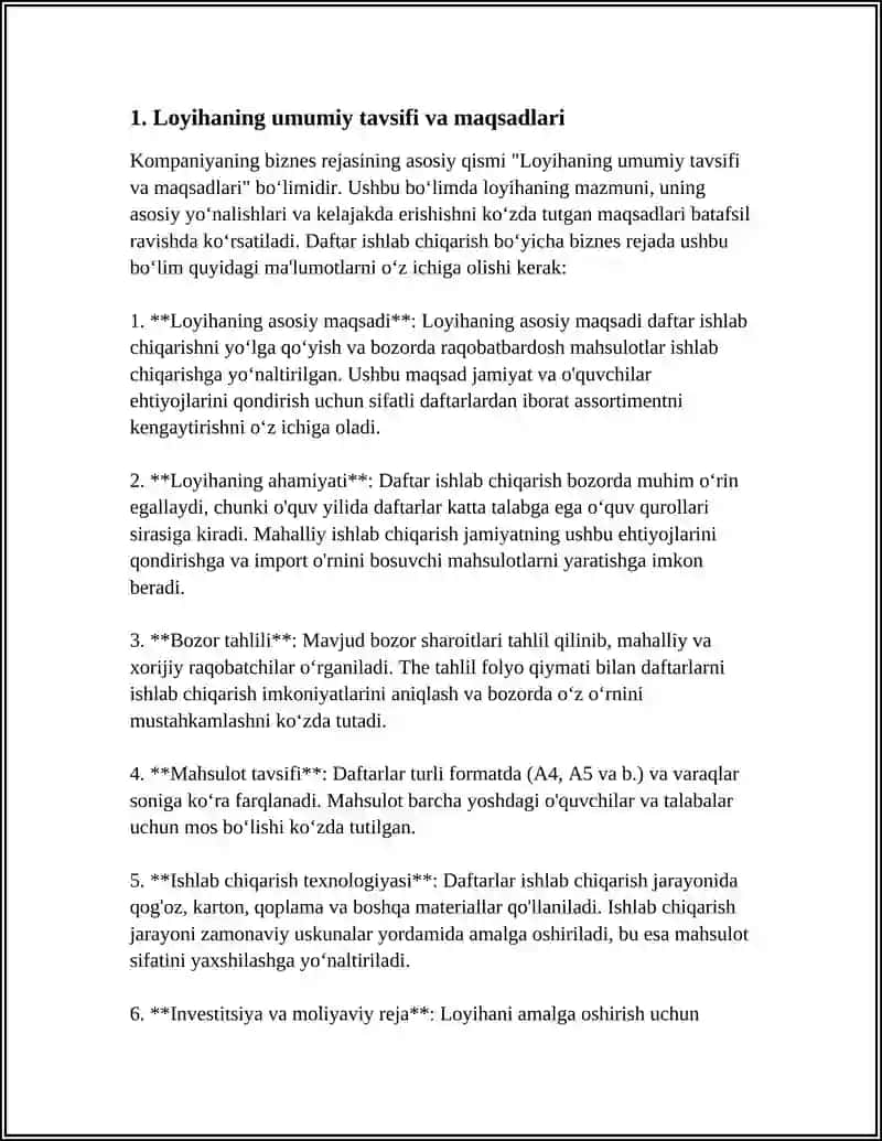 DAFTAR ISHLAB CHIQARISH BOʻYICHA BIZNES REJA 4