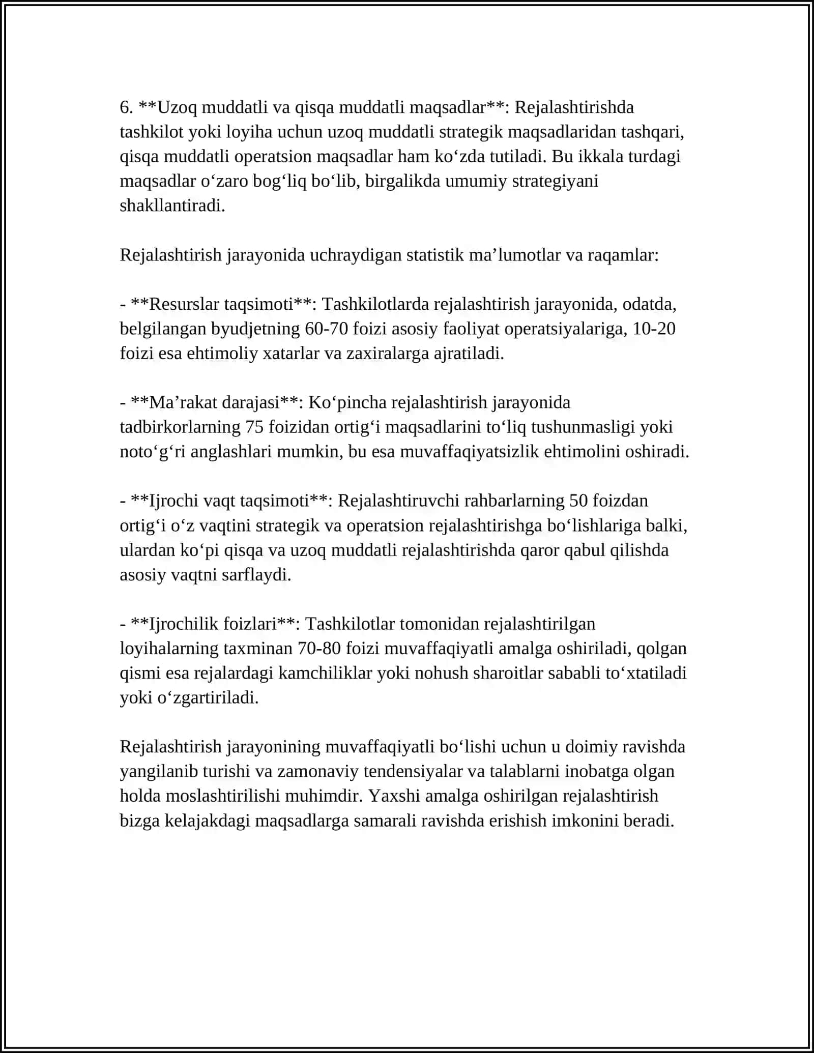 MUSTAQIL ISH Mavzu: REJALASHTIRISHNING MOHIYATI BIZNES REJA TUSHUNCHASI 4