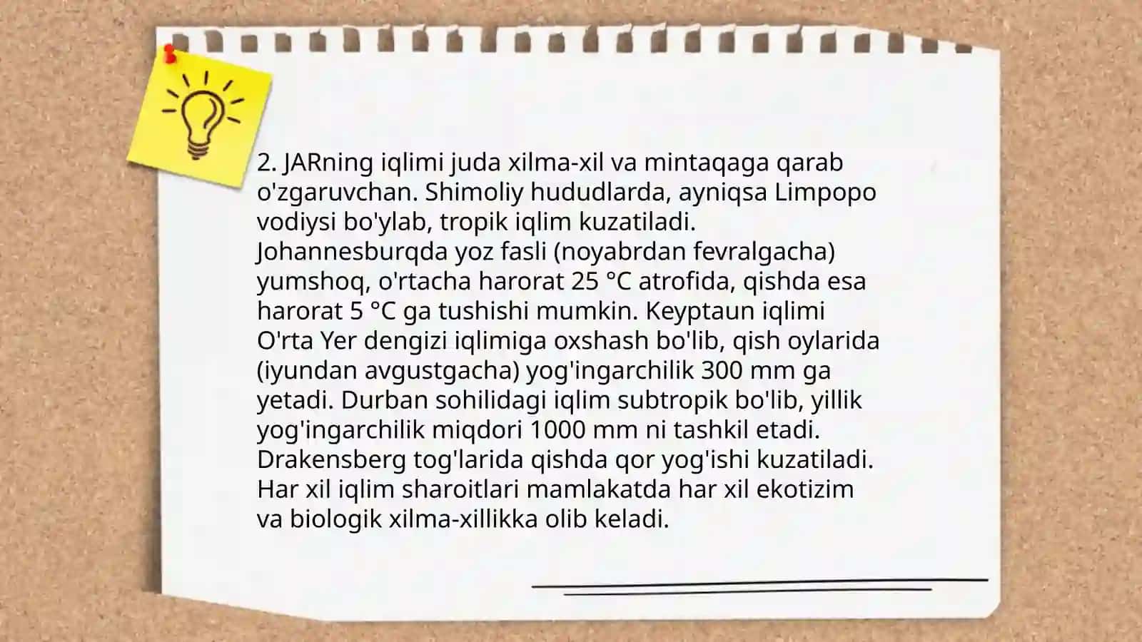 JAR geografik oʻrni, tabiiy sharoiti va tabiiy resurslari.JAR ning tili,dini, tarixi,urf odatlari,davlat ramzlari 4