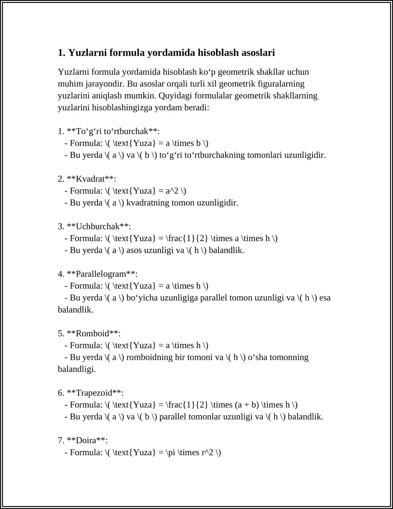 Yuzlarni formula yordamida hisoblashga oid masalalar 4