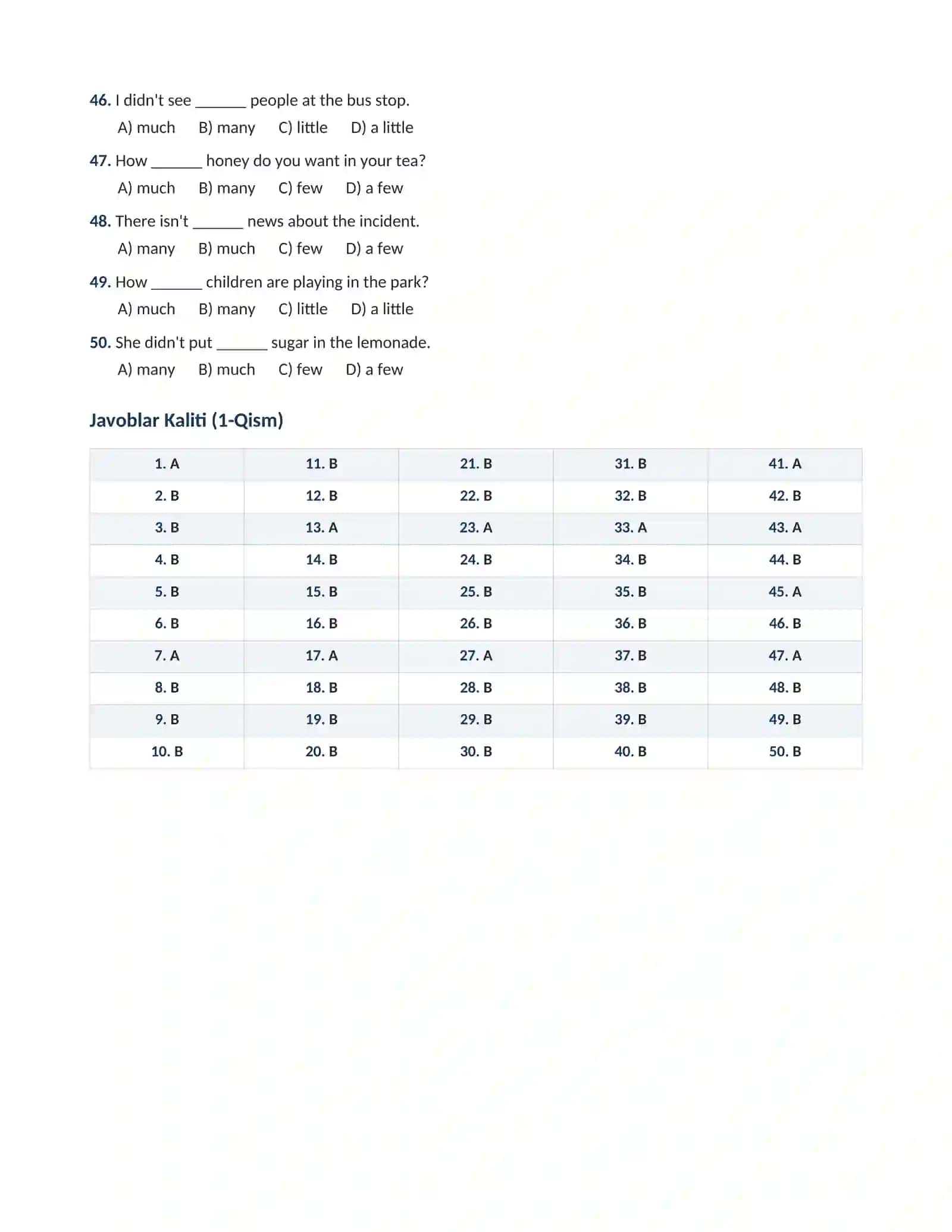 INGLIZ TILI GRAMMATIKASI: MUCH / MANY / HOW MUCH / HOW  MANY  mavzusi bo'yicha 100 talik test javoblari bilan 4