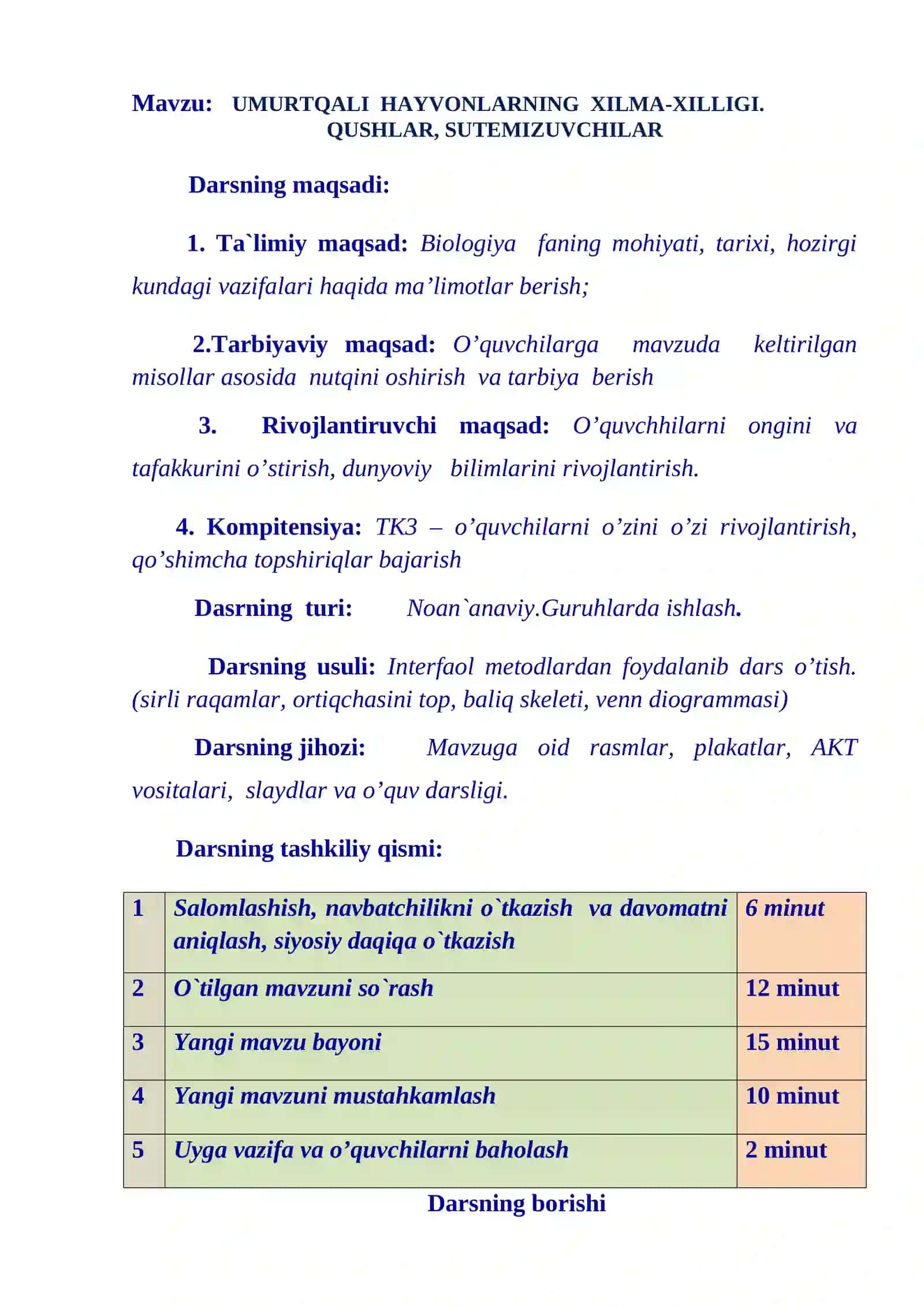 7-sinf Biologiya fanidan Umurtqali hayvonlarning xilma xilligi. Qushlar,sutemizuvchilar dars ishlanma 4