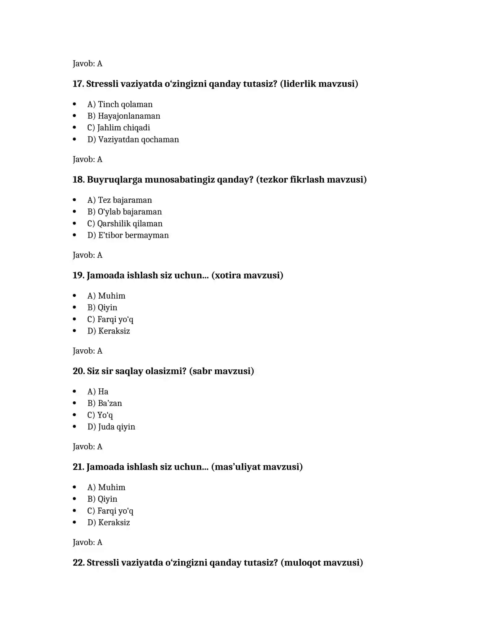 Ichki Ishlar Akademiyasi uchun 100 ta Psixologik Savollar va Javoblar 4
