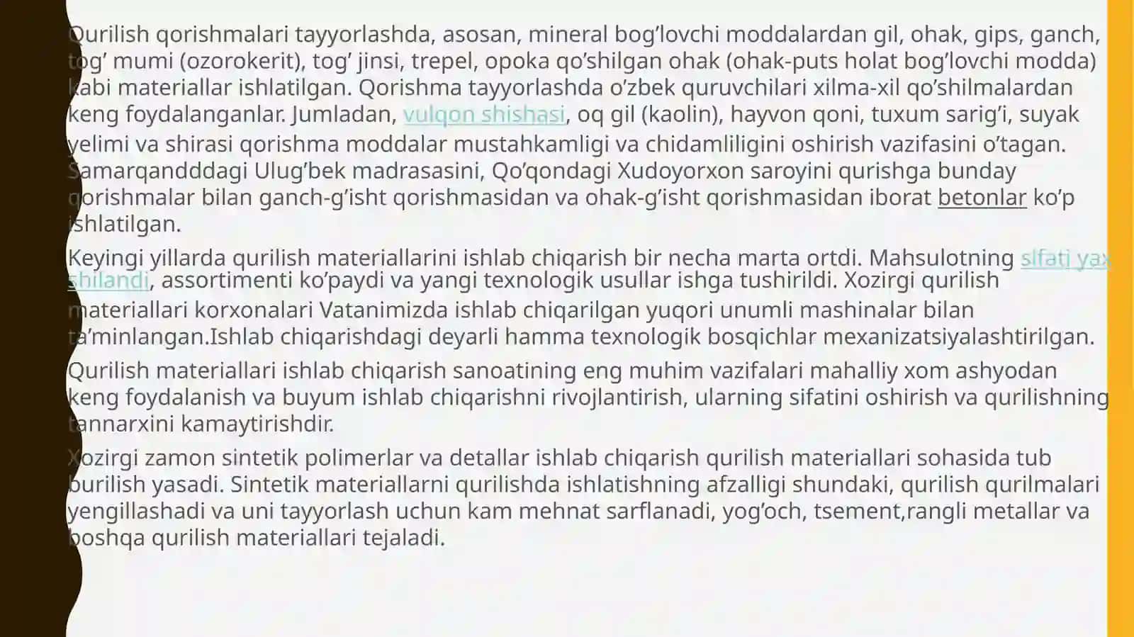 Qurilish materiallari tasniflanishi va ishlab chiqarish innovatsion texnologiyasi 4