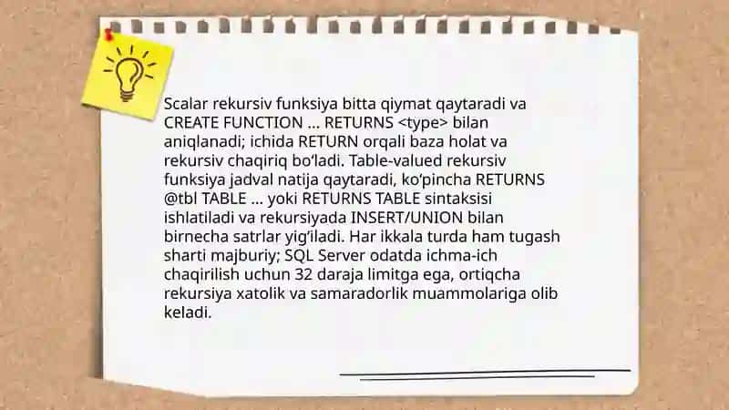 T-SQL da Rekursiv funksiyalar va uning ichma-ich chaqirilish cheklovi 4