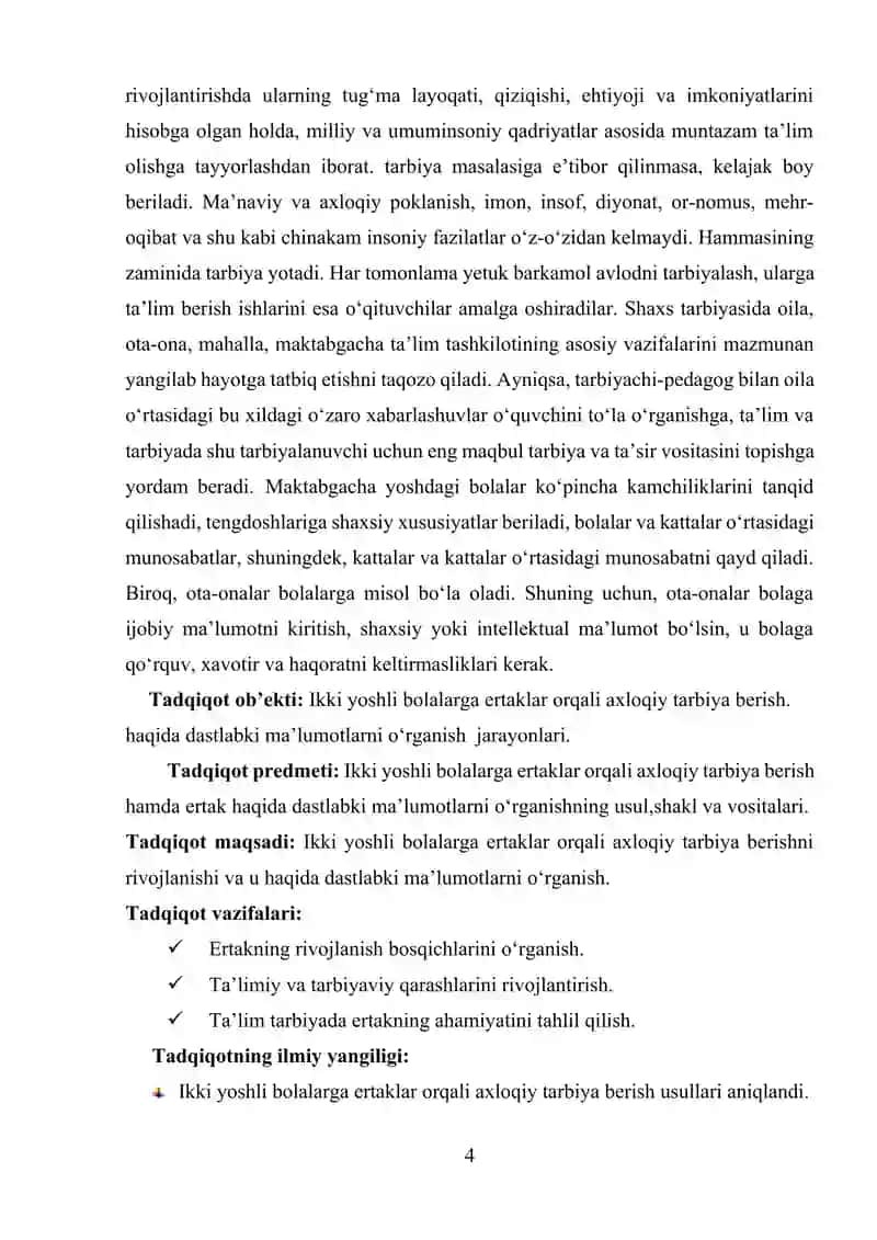 "MAKTABGACHA TA’LIM TARBIYANI TASHKIL ETISH TEXNOLOGIYASI" FANIDAN KURS ISHI 4